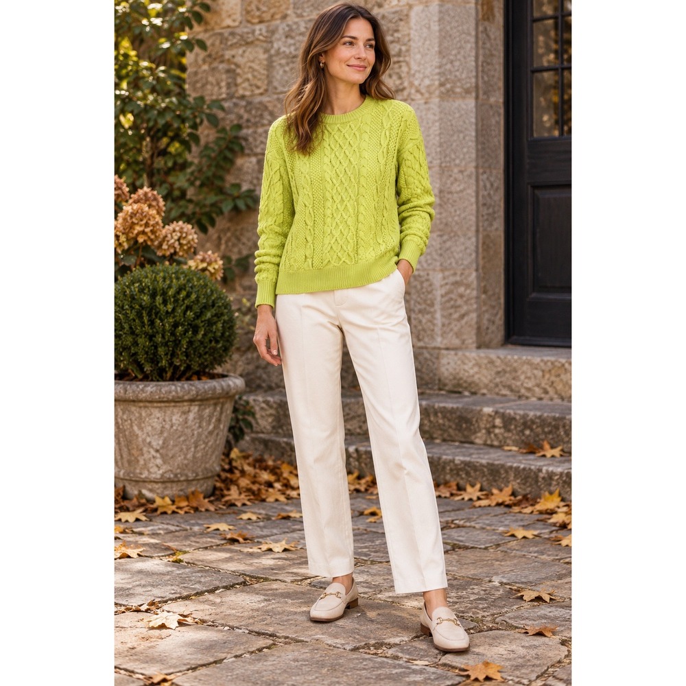 J.Crew Lime Green Cable Knit Sweater L Fisherman Preppy Statement Knit